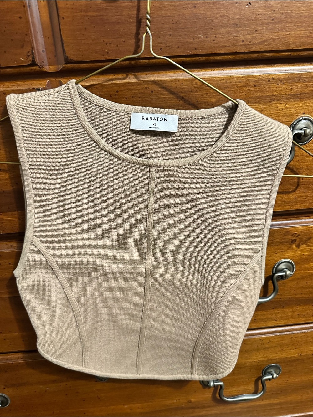Babaton Beige Ribbed Sleeveless Knit Crop Top